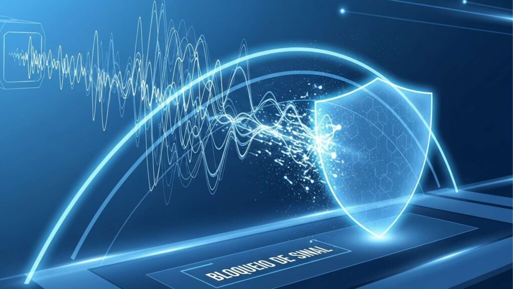 Representação visual de tecnologia anti-jammer com escudo digital protegendo sinal de radiofrequência contra interferências e bloqueios de sinal externos.