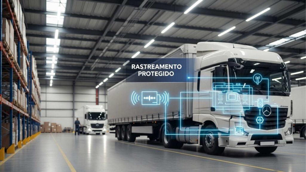 Caminhão branco em armazém logístico com sobreposição gráfica de circuitos eletrônicos e texto Rastreamento Protegido indicando segurança contra jammer.