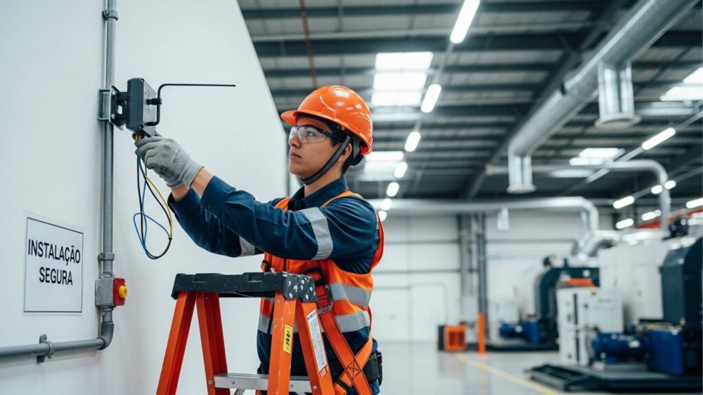 Técnico de segurança do trabalho com capacete e colete instalando dispositivo de comunicação em parede de galpão industrial próximo à placa Instalação Segura.