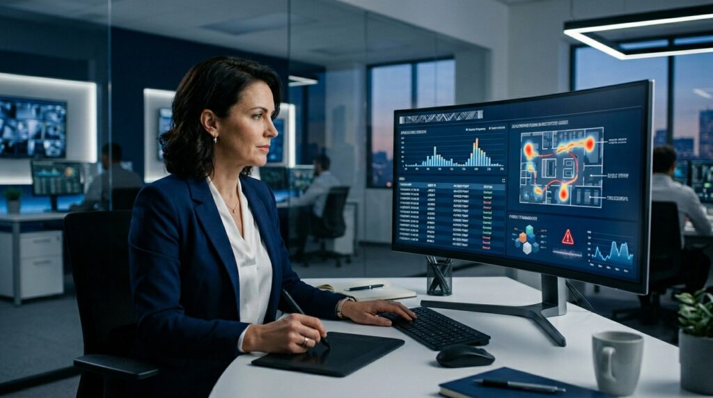 Especialista em cibersegurança analisa mapa de calor de tráfego de usuários e métricas de controle de acesso em monitor ultra-wide.