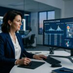 Especialista em cibersegurança analisa mapa de calor de tráfego de usuários e métricas de controle de acesso em monitor ultra-wide.