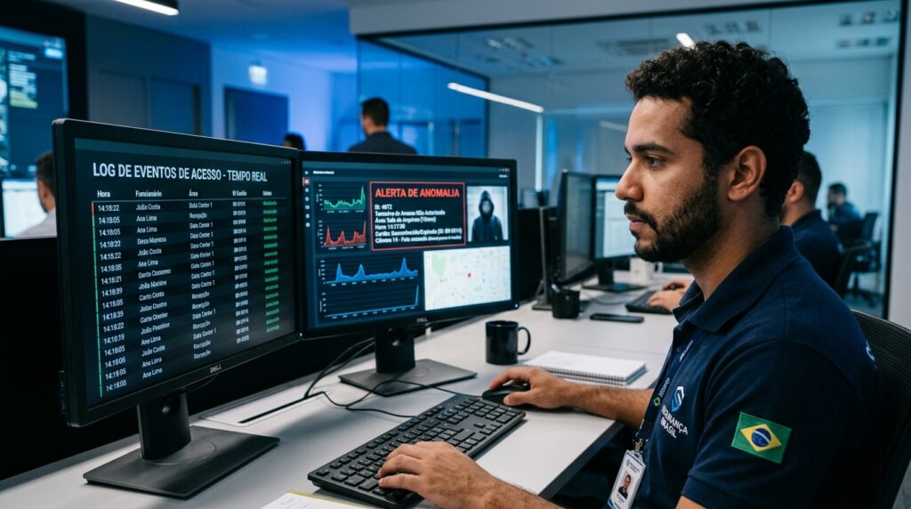 Analista de segurança monitorando log de eventos de acesso em tempo real e identificando alerta de anomalia no sistema de monitoramento.