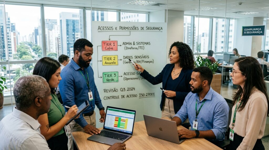 Equipe de TI e compliance discutindo níveis de permissão (Tier 1, 2 e 3) em um quadro branco durante revisão da norma ISO 27001.