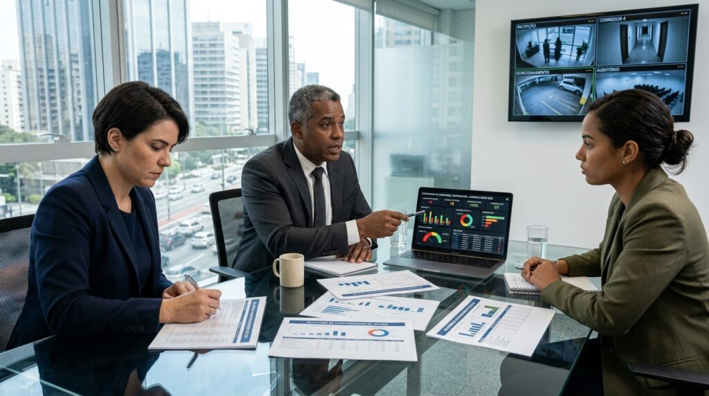 Executivos em reunião de auditoria de acessos analisando dashboard de segurança com gráficos e mapas de calor em um escritório moderno.