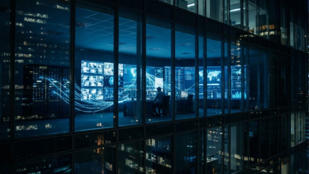 Vista externa noturna de um centro de monitoramento de alta tecnologia com telas exibindo dados globais e fluxos de rede de automação em tempo real.