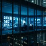 Vista externa noturna de um centro de monitoramento de alta tecnologia com telas exibindo dados globais e fluxos de rede de automação em tempo real.