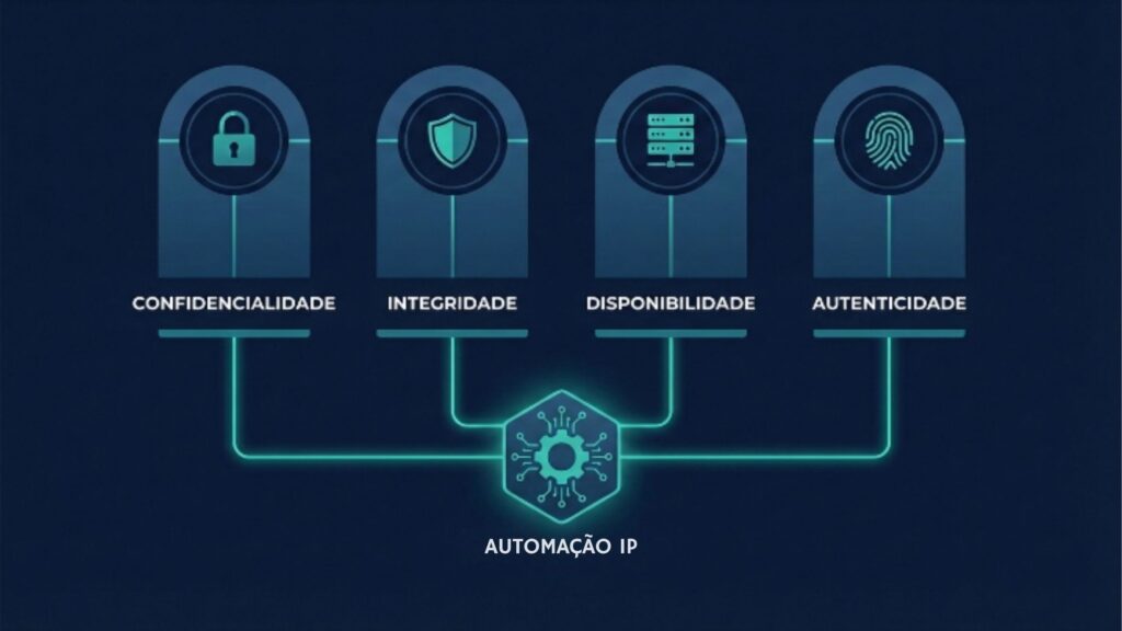 Diagrama dos quatro pilares da automação IP: confidencialidade, integridade, disponibilidade e autenticidade, representados por ícones de cadeado, escudo, servidor e digital.