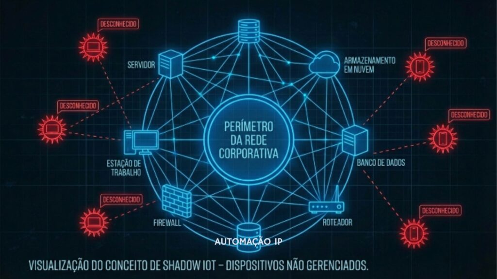 Infográfico sobre Shadow IoT mostrando dispositivos não gerenciados (desconhecidos) tentando acessar o perímetro de uma rede corporativa com servidores e firewalls.