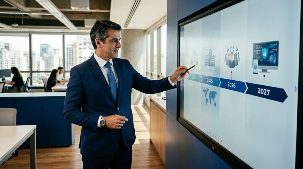 Executivo em traje formal aponta para tela interativa exibindo o roadmap estratégico de expansão e segurança digital para os anos de 2024 a 2027.