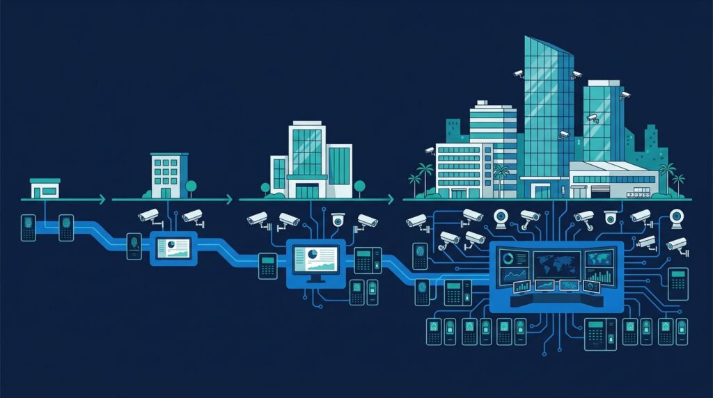 nfográfico ilustrando a evolução da segurança eletrônica desde uma pequena loja até grandes edifícios corporativos com monitoramento centralizado e câmeras.