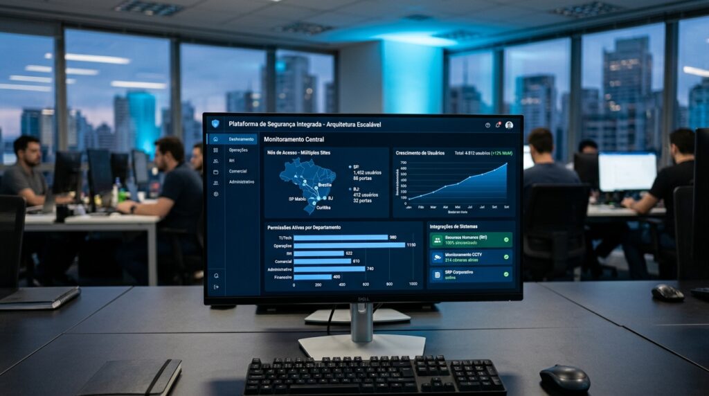 Monitor exibe plataforma de segurança integrada com arquitetura escalável, apresentando gráficos de crescimento de usuários e nós de acesso em múltiplos sites.