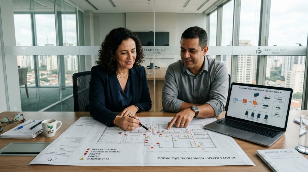 Executivos analisam planta baixa de uma nova filial em São Paulo, discutindo o diagrama de infraestrutura de segurança e controle de acesso.