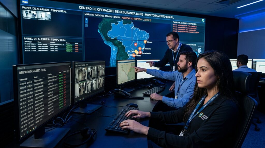 Profissionais em um Centro de Operações de Segurança (COS) monitorando alertas e mapas de eventos ativos no Brasil em tempo real.