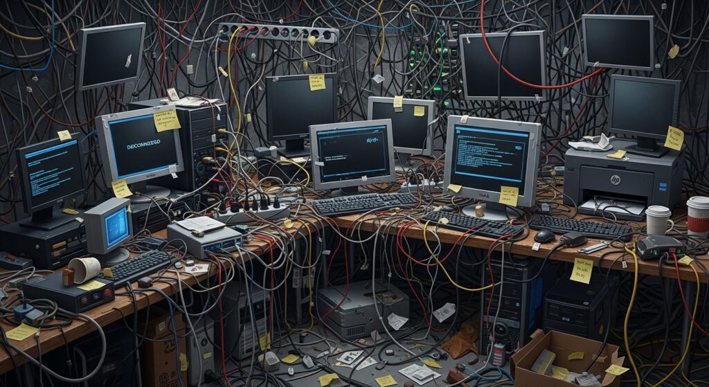 Ambiente de TI caótico com excesso de cabos emaranhados, monitores antigos e falta de organização técnica.