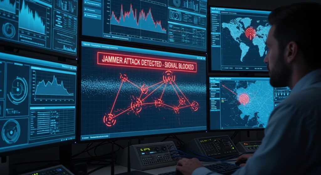 Operador em centro de controle de segurança visualizando alerta de ataque de jammer e bloqueio de sinal em múltiplos monitores.