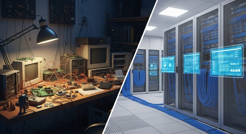 Comparação entre um laboratório de eletrônica desorganizado e um data center moderno com cabeamento estruturado e organizado.
