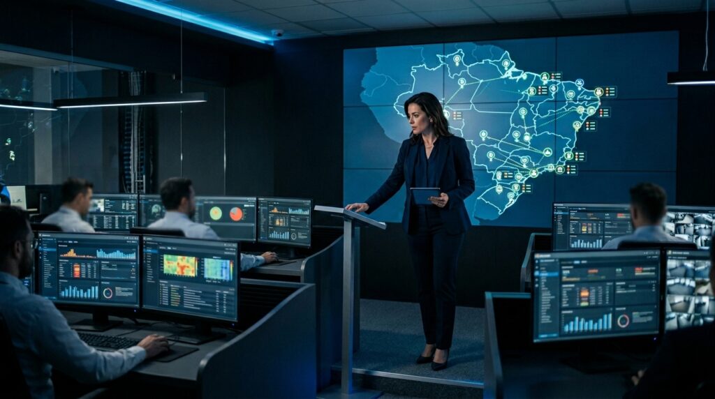 Centro de monitoramento de alta tecnologia com painel de LED exibindo mapa do Brasil e indicadores de segurança; gestora ao centro coordenando equipe de operadores.