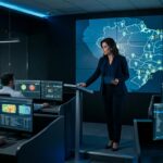 Centro de monitoramento de alta tecnologia com painel de LED exibindo mapa do Brasil e indicadores de segurança; gestora ao centro coordenando equipe de operadores.