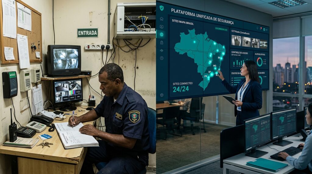 Comparativo lado a lado: à esquerda, vigilante em sala de segurança antiga com monitores analógicos; à direita, central moderna com plataforma unificada de segurança digital e mapa interativo.