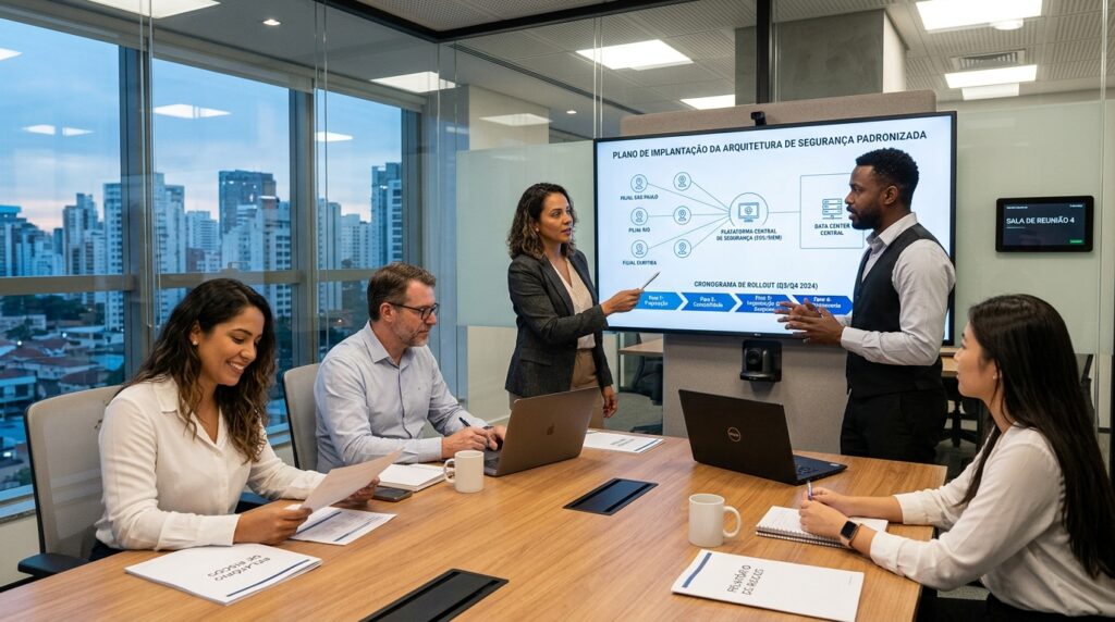 Equipe de executivos em sala de reunião discutindo Plano de Implantação de Arquitetura de Segurança Padronizada em tela digital com cronograma de rollout.