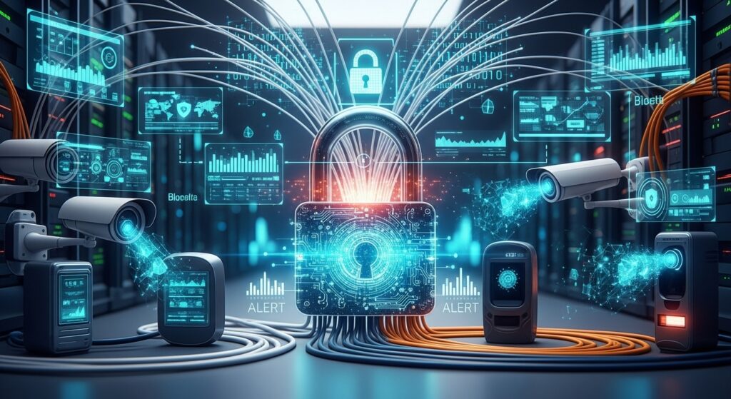 Ilustração conceitual de segurança eletrônica integrada com um grande cadeado digital centralizado, câmeras de monitoramento CFTV, servidores e interfaces de análise de dados em tom azul neon.
