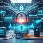 Ilustração conceitual de segurança eletrônica integrada com um grande cadeado digital centralizado, câmeras de monitoramento CFTV, servidores e interfaces de análise de dados em tom azul neon.