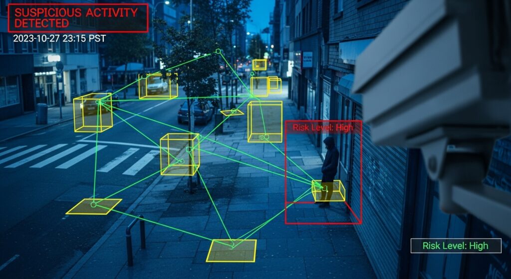 Interface de software de vigilância inteligente detectando atividade suspeita em uma rua urbana à noite, com caixas de rastreamento (bounding boxes) e alerta de "Nível de Risco: Alto" sobre um indivíduo.