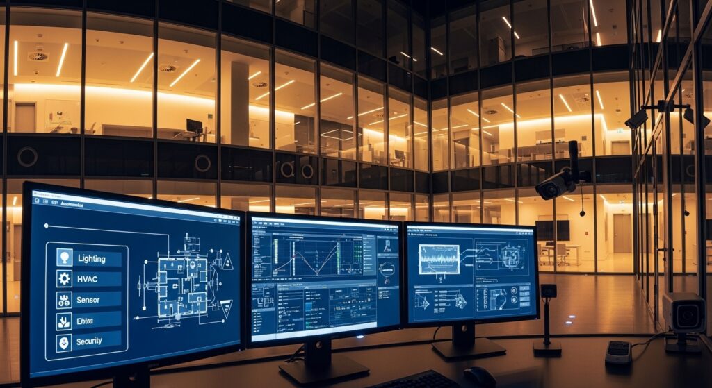 Estação de trabalho com três monitores exibindo plantas técnicas e controles de automação (iluminação, HVAC e sensores) em um escritório moderno com paredes de vidro ao fundo.