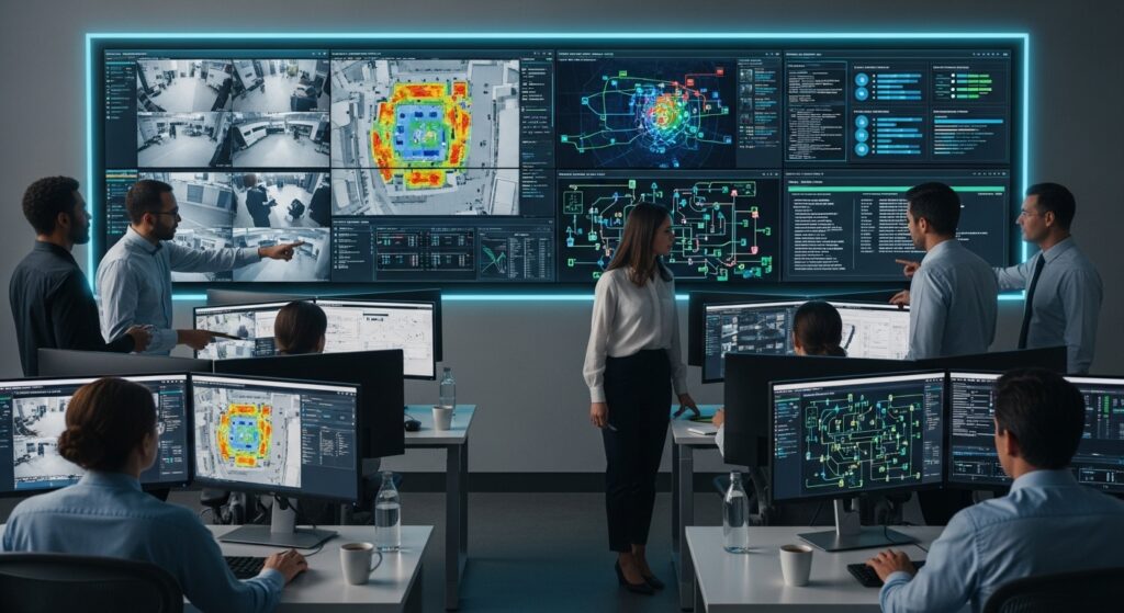 Equipe de especialistas em segurança monitorando múltiplos painéis de vídeo em tempo real, exibindo mapas de calor, redes de sensores e feeds de câmeras de vigilância em uma sala de controle corporativa.