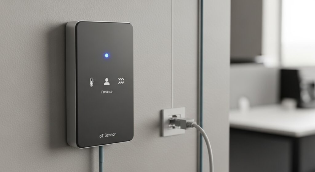 Dispositivo de sensor inteligente IoT fixado na parede com ícones iluminados para temperatura, presença e vibração, conectado via cabo de rede em um ambiente de escritório.