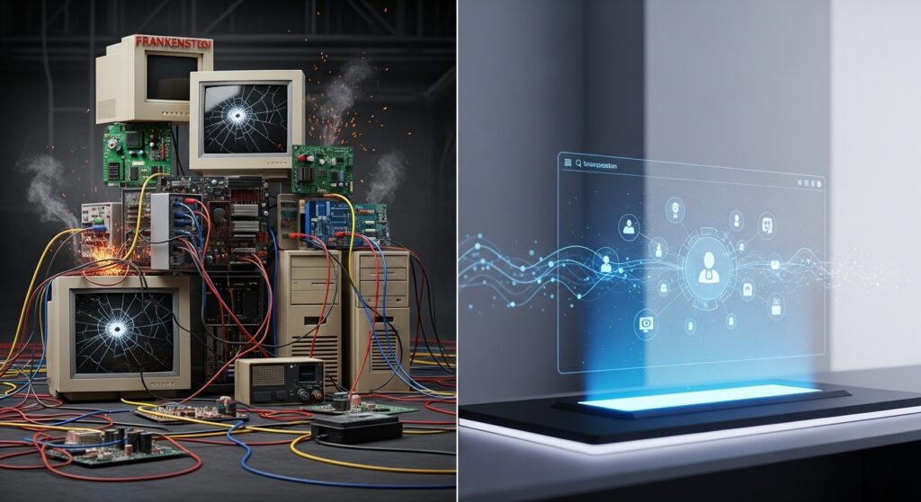 Comparação visual entre o hardware antigo ("Frankenstein") com monitores CRT quebrados e fios bagunçados à esquerda, e uma interface digital holográfica limpa e moderna de gestão de usuários à direita.