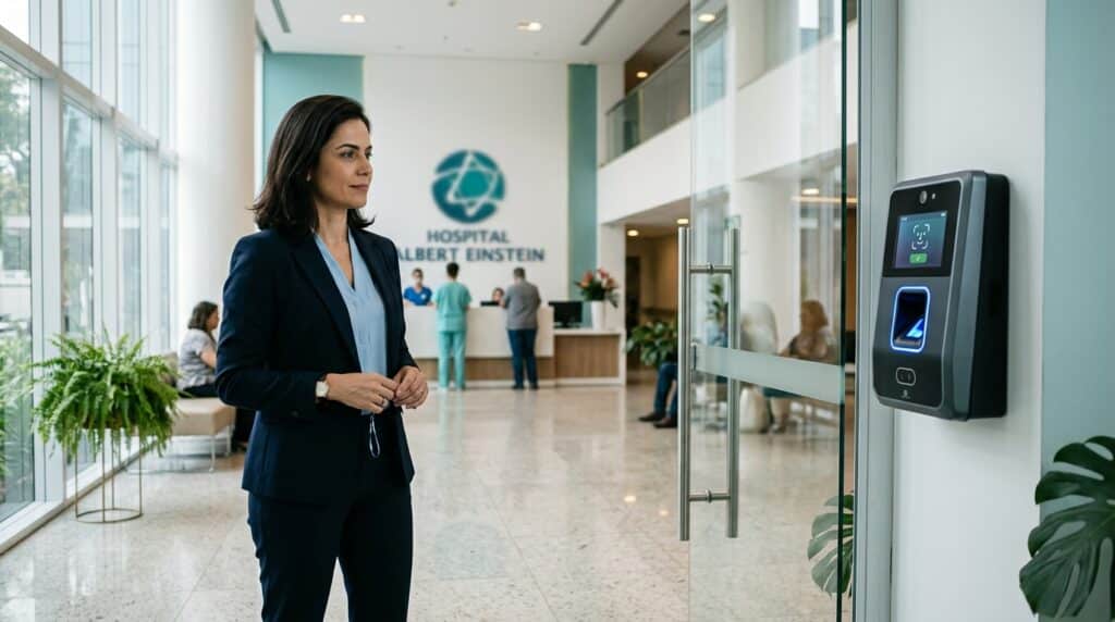 Mulher em traje social posicionada em frente a um terminal de controle de acesso por reconhecimento facial e biometria na entrada do Hospital Albert Einstein. O saguão amplo e iluminado aparece ao fundo.