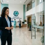 Mulher em traje social posicionada em frente a um terminal de controle de acesso por reconhecimento facial e biometria na entrada do Hospital Albert Einstein. O saguão amplo e iluminado aparece ao fundo.