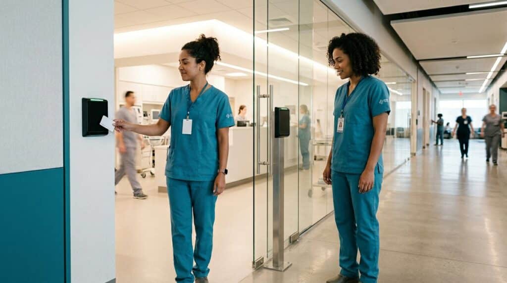 Duas enfermeiras utilizando cartões de identificação por aproximação em uma leitora digital para liberar uma porta de vidro em um corredor de hospital moderno e limpo.