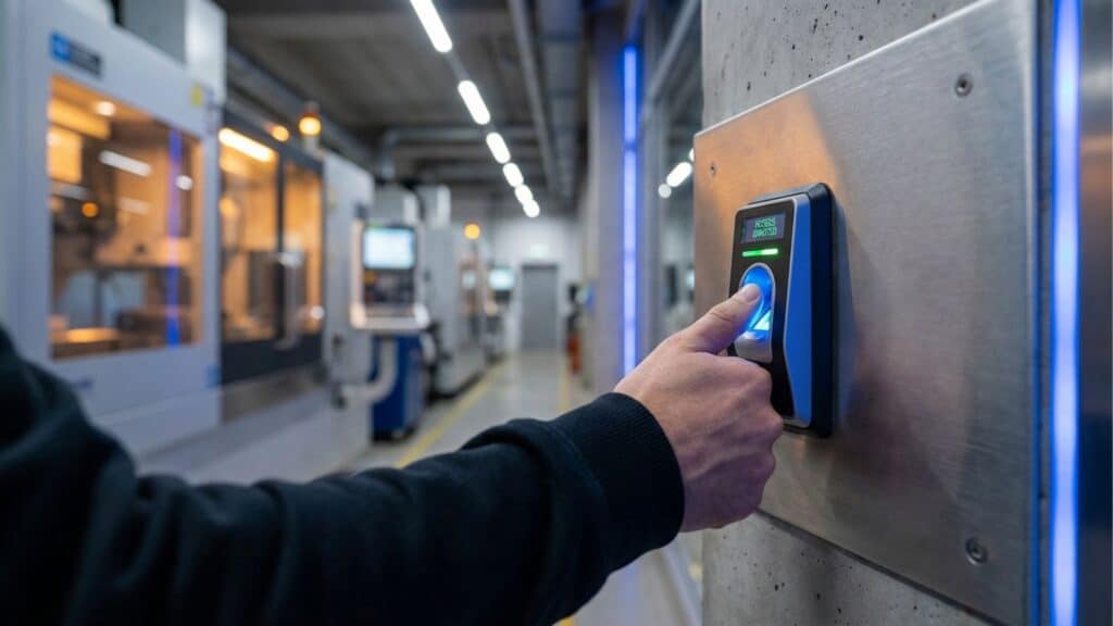 Close de um funcionário utilizando leitor biométrico digital para controle de acesso em uma fábrica moderna com máquinas industriais ao fundo.