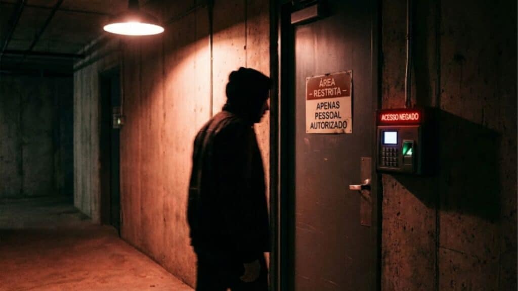 Silhueta de pessoa diante de uma porta de área restrita com placa de aviso e painel eletrônico exibindo a mensagem "Acesso Negado" em ambiente industrial.