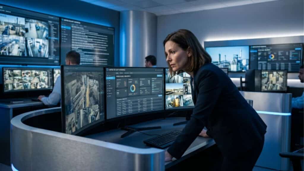 Especialista em segurança monitorando múltiplos painéis com imagens de câmeras de vigilância e dashboards de dados em uma central de controle industrial.