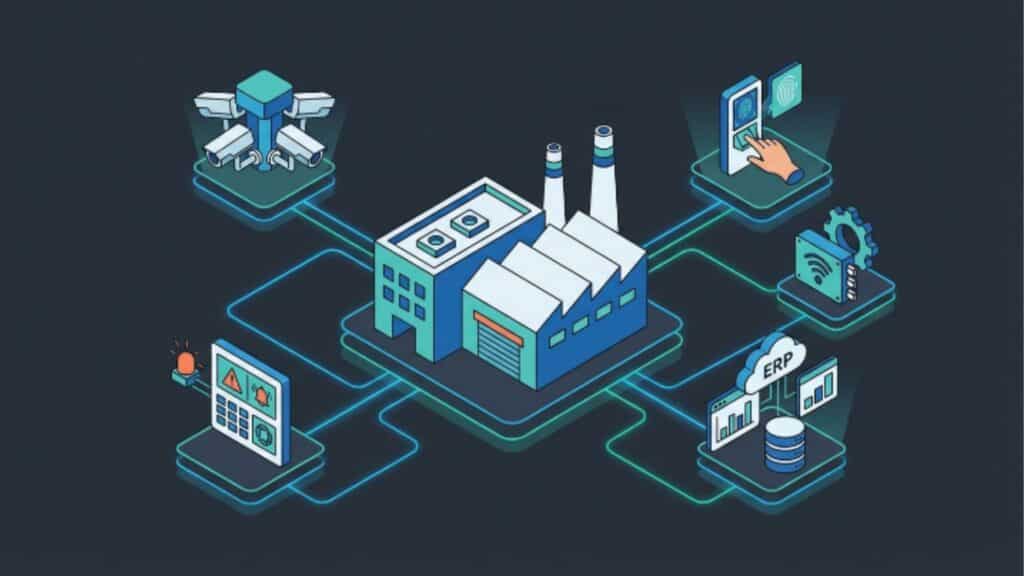 Infográfico isométrico mostrando a integração de sistemas de segurança industrial: câmeras, biometria, alarmes, ERP e sensores conectados a uma unidade fabril.
