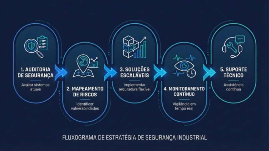 Fluxograma de estratégia de segurança industrial com 5 etapas: Auditoria de Segurança, Mapeamento de Riscos, Soluções Escaláveis, Monitoramento Contínuo e Suporte Técnico.