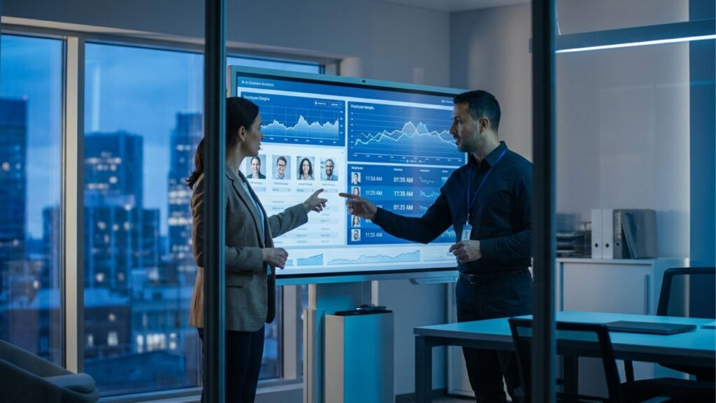 Dois profissionais em um escritório moderno analisando um dashboard de gestão de pessoas em uma tela grande, exibindo gráficos de desempenho, fotos de colaboradores e horários de entrada e saída.