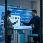 Dois profissionais em um escritório moderno analisando um dashboard de gestão de pessoas em uma tela grande, exibindo gráficos de desempenho, fotos de colaboradores e horários de entrada e saída.