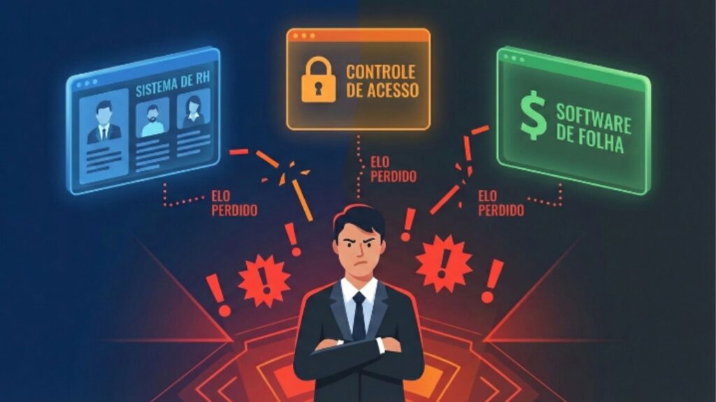 Ilustração de um gestor frustrado diante de conexões rompidas (elo perdido) entre um sistema de RH, um software de folha de pagamento e o controle de acesso, simbolizando falhas de integração.