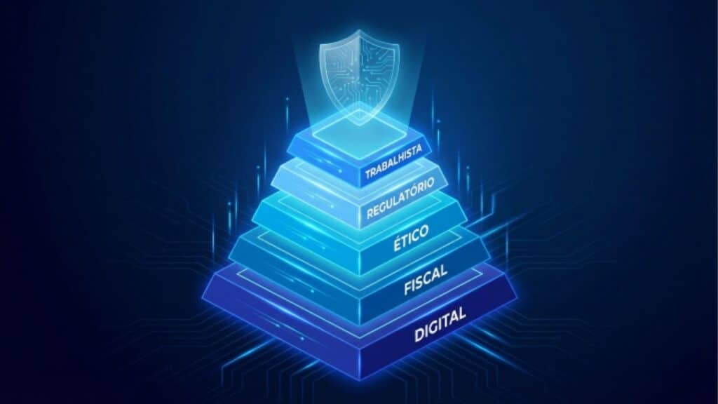Infográfico em formato de pirâmide holográfica azul representando as camadas de segurança de um sistema: Digital, Fiscal, Ético, Regulatório e Trabalhista, com um escudo protetor no topo.