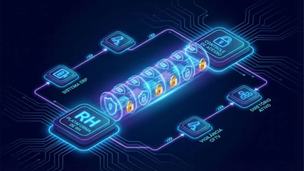 Diagrama digital em neon mostrando a integração entre uma plataforma de RH e sistemas de controle de acesso, ERP, diretório ativo e vigilância CFTV, conectados por um túnel de dados seguro com ícones de cadeados.