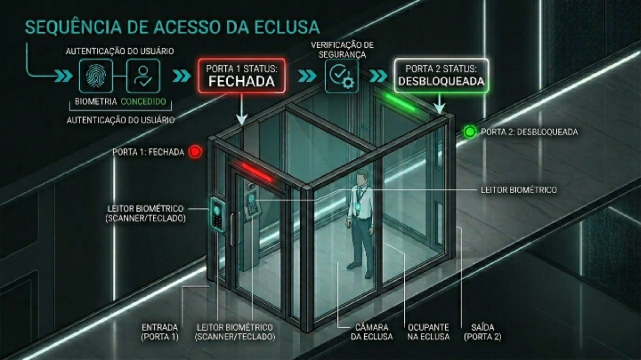 Infográfico técnico detalhando a "Sequência de Acesso da Eclusa". A imagem mostra um diagrama 3D de uma cabine de segurança de vidro (eclusa). O fluxo é indicado por setas: 1. Autenticação do usuário (Biometria); 2. Porta 1 fechada (luz vermelha); 3. Verificação de segurança; 4. Porta 2 desbloqueada (luz verde). Rótulos identificam componentes como leitor biométrico, câmera da eclusa e ocupante.
