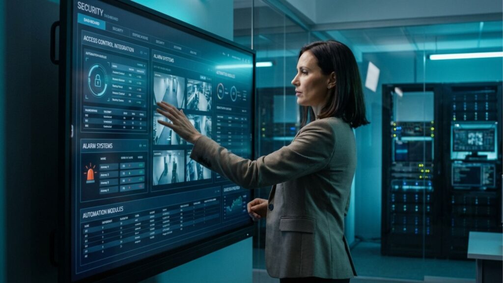 Uma profissional de segurança monitora um grande painel digital sensível ao toque em uma sala de controle. A tela exibe um dashboard avançado com módulos de "Integração de Controle de Acesso", "Sistemas de Alarme" (mostrando imagens de câmeras de segurança) e "Módulos de Automação". Ao fundo, através de uma divisória de vidro, vê-se um data center com racks de servidores iluminados por luzes azuis.