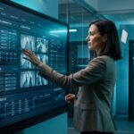 Uma profissional de segurança monitora um grande painel digital sensível ao toque em uma sala de controle. A tela exibe um dashboard avançado com módulos de "Integração de Controle de Acesso", "Sistemas de Alarme" (mostrando imagens de câmeras de segurança) e "Módulos de Automação". Ao fundo, através de uma divisória de vidro, vê-se um data center com racks de servidores iluminados por luzes azuis.