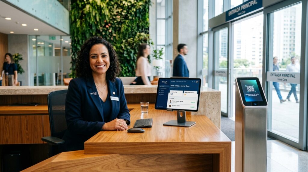 Uma recepcionista sorridente está sentada atrás de um balcão de madeira moderno em um saguão corporativo. À sua frente, um tablet exibe o sistema de boas-vindas da empresa "Inova Corp". Ao lado do balcão, há um totem de metal com um leitor de QR Code para visitantes. O ambiente ao fundo possui um grande jardim vertical verde, paredes de vidro e a placa indicativa "ENTRADA PRINCIPAL".