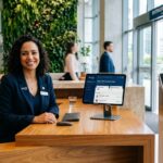 Uma recepcionista sorridente está sentada atrás de um balcão de madeira moderno em um saguão corporativo. À sua frente, um tablet exibe o sistema de boas-vindas da empresa "Inova Corp". Ao lado do balcão, há um totem de metal com um leitor de QR Code para visitantes. O ambiente ao fundo possui um grande jardim vertical verde, paredes de vidro e a placa indicativa "ENTRADA PRINCIPAL".