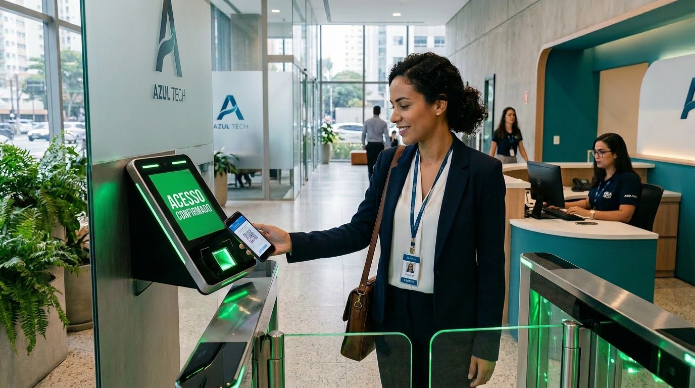 Uma profissional vestindo blazer azul e crachá de identificação libera seu acesso em uma portaria tecnológica da "AZUL TECH". Ela aponta o smartphone para um terminal de autoatendimento fixado na parede, que exibe em letras grandes e fundo verde a mensagem "ACESSO CONFIRMADO". Ao lado, há uma catraca com abas de vidro iluminadas por LEDs verdes. Ao fundo, vê-se o balcão da recepção com uma funcionária trabalhando.
